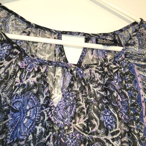 Lucky Brand Black Blue Sheer Top Large - Picture 2 of 11